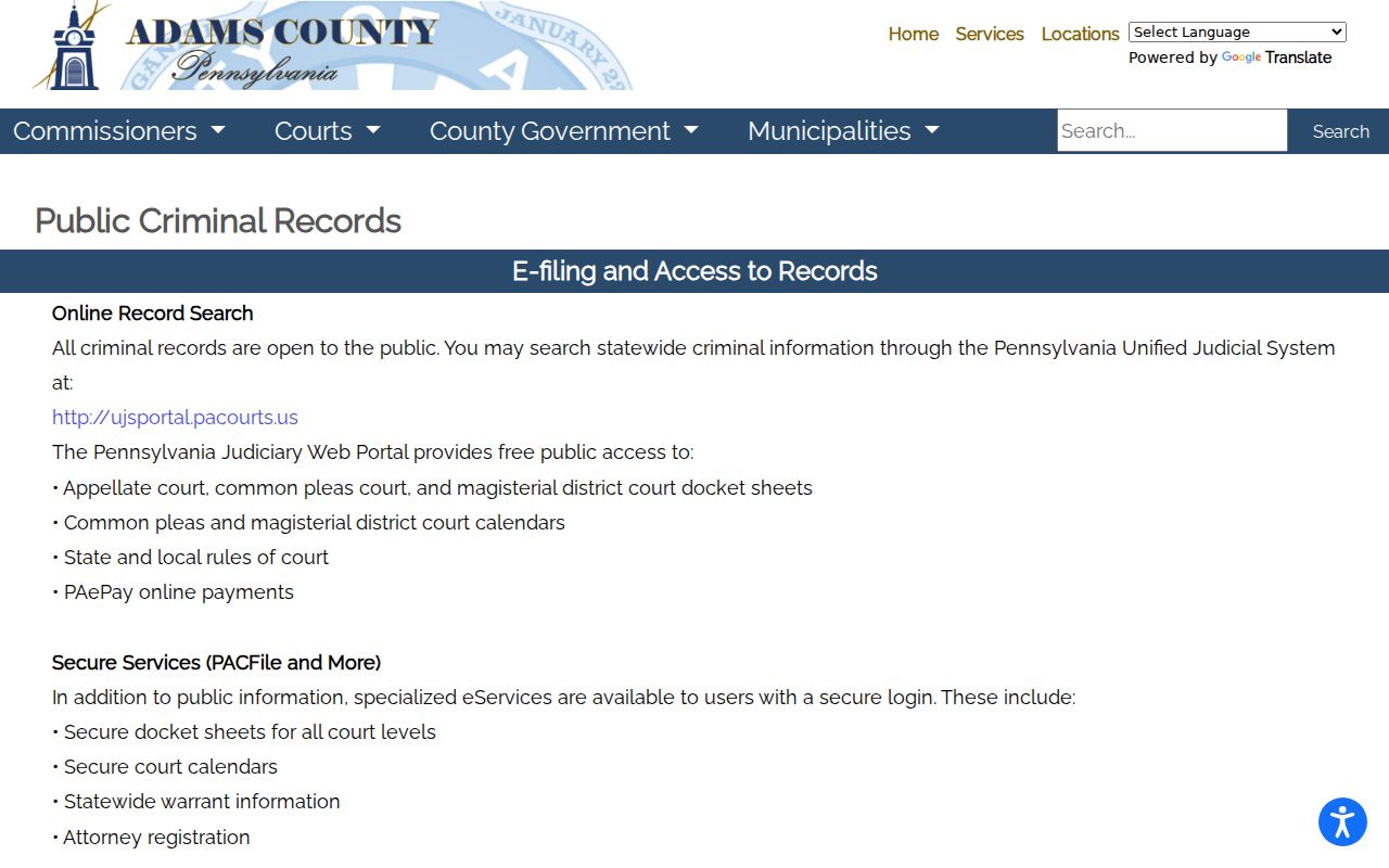 Adams County Clerk of Courts access to records page