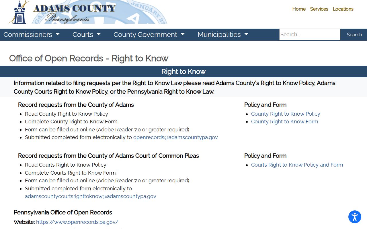 Adams County Pennsylvania Right-to-Know Law policy page