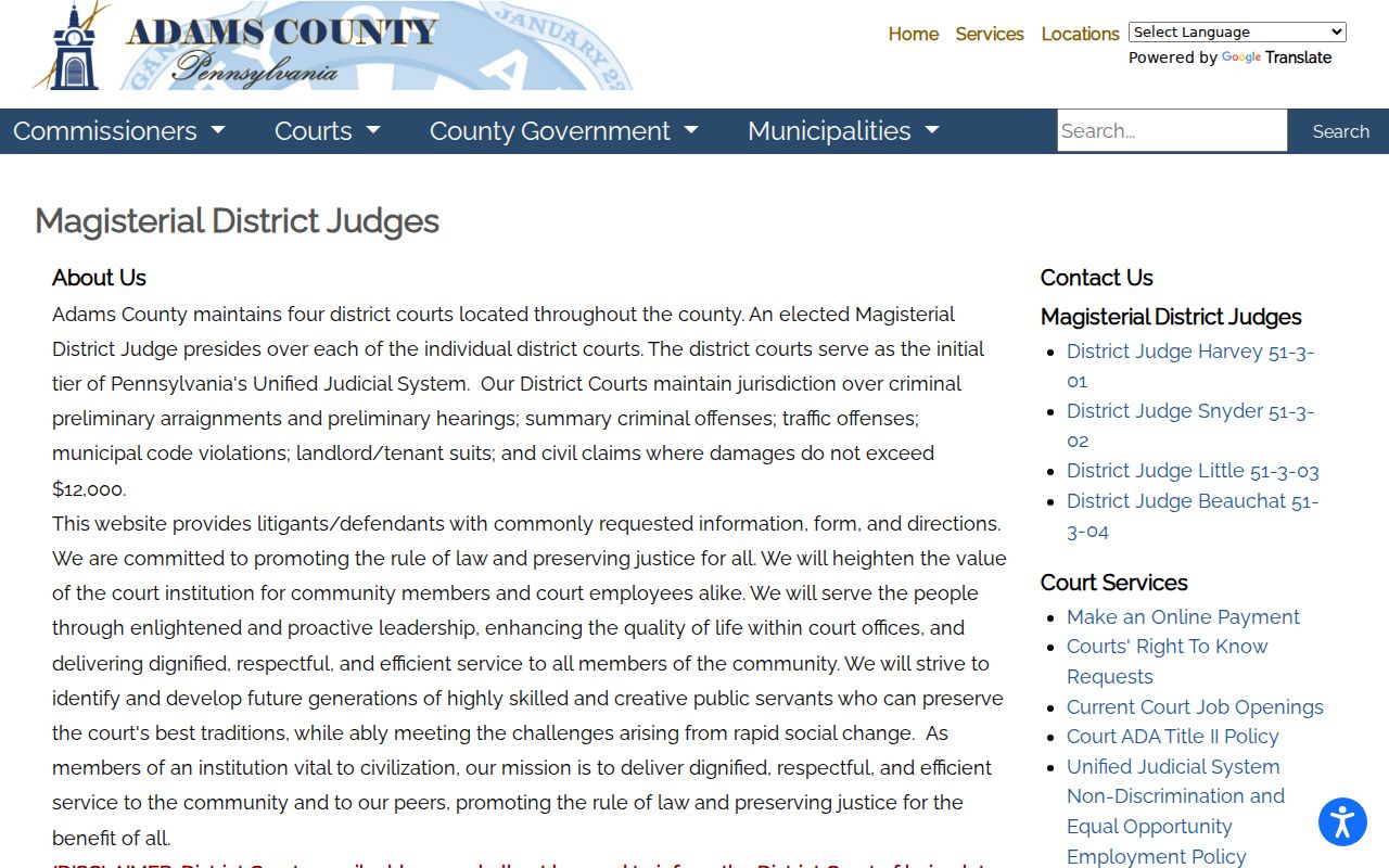 Adams County page listing four Magisterial District Courts