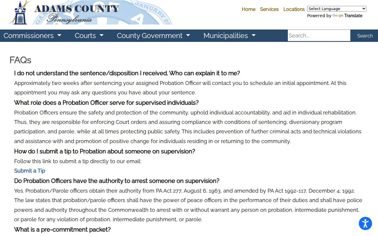 Adams County probation definitions and work-release FAQ