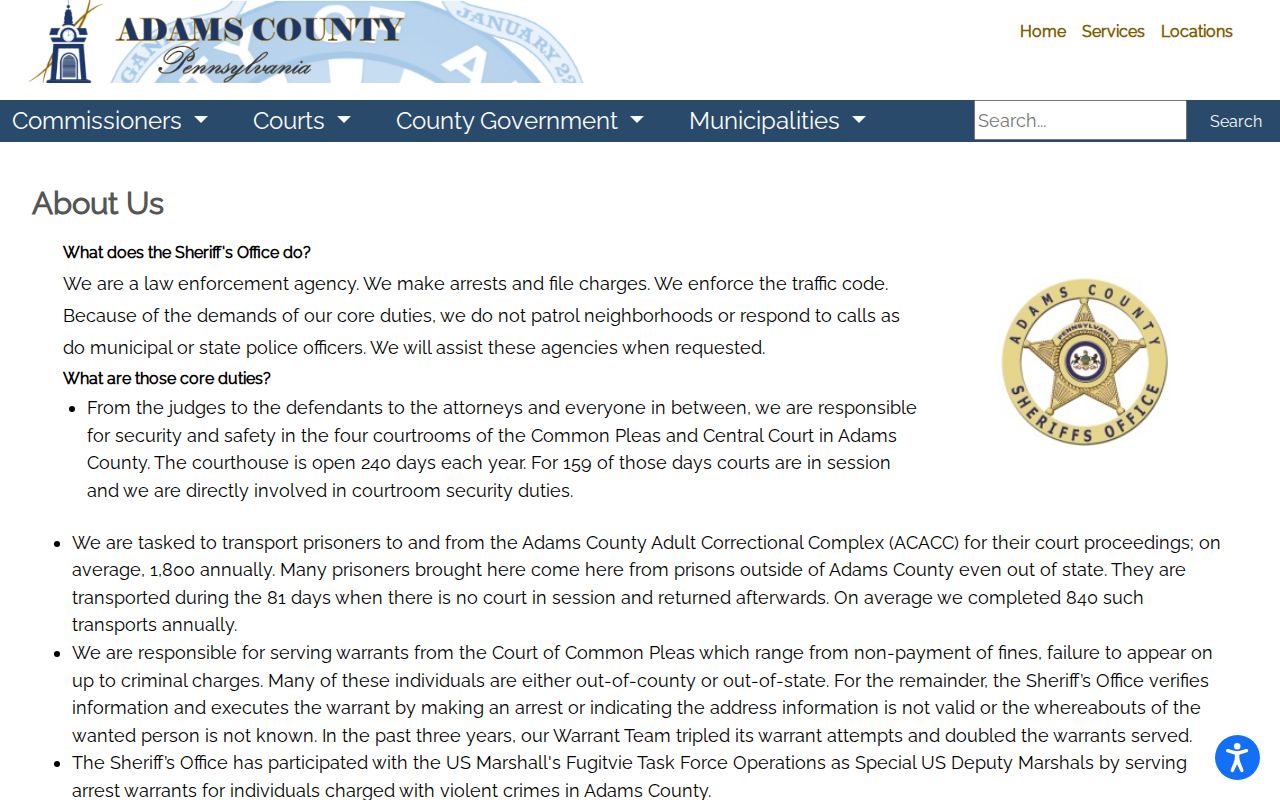 Adams County Sheriff statutory duties and courthouse security page