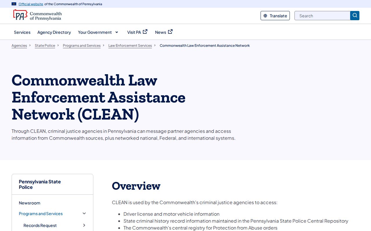 Pennsylvania State Police CLEAN restricted network overview